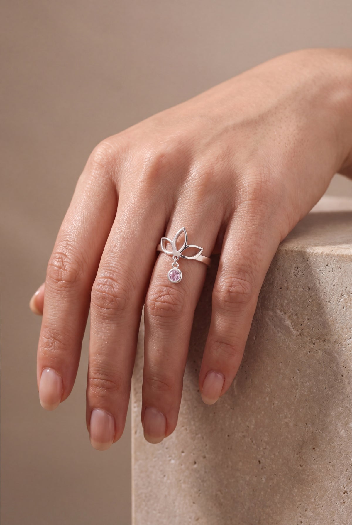 Lotus Ring with Dangling Stone – on model, second view