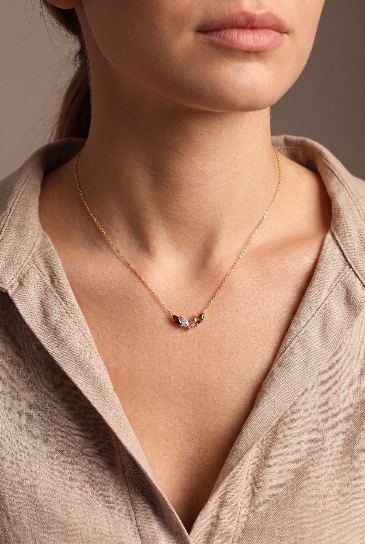 Marquise Birthstone Leaf Necklace – on model