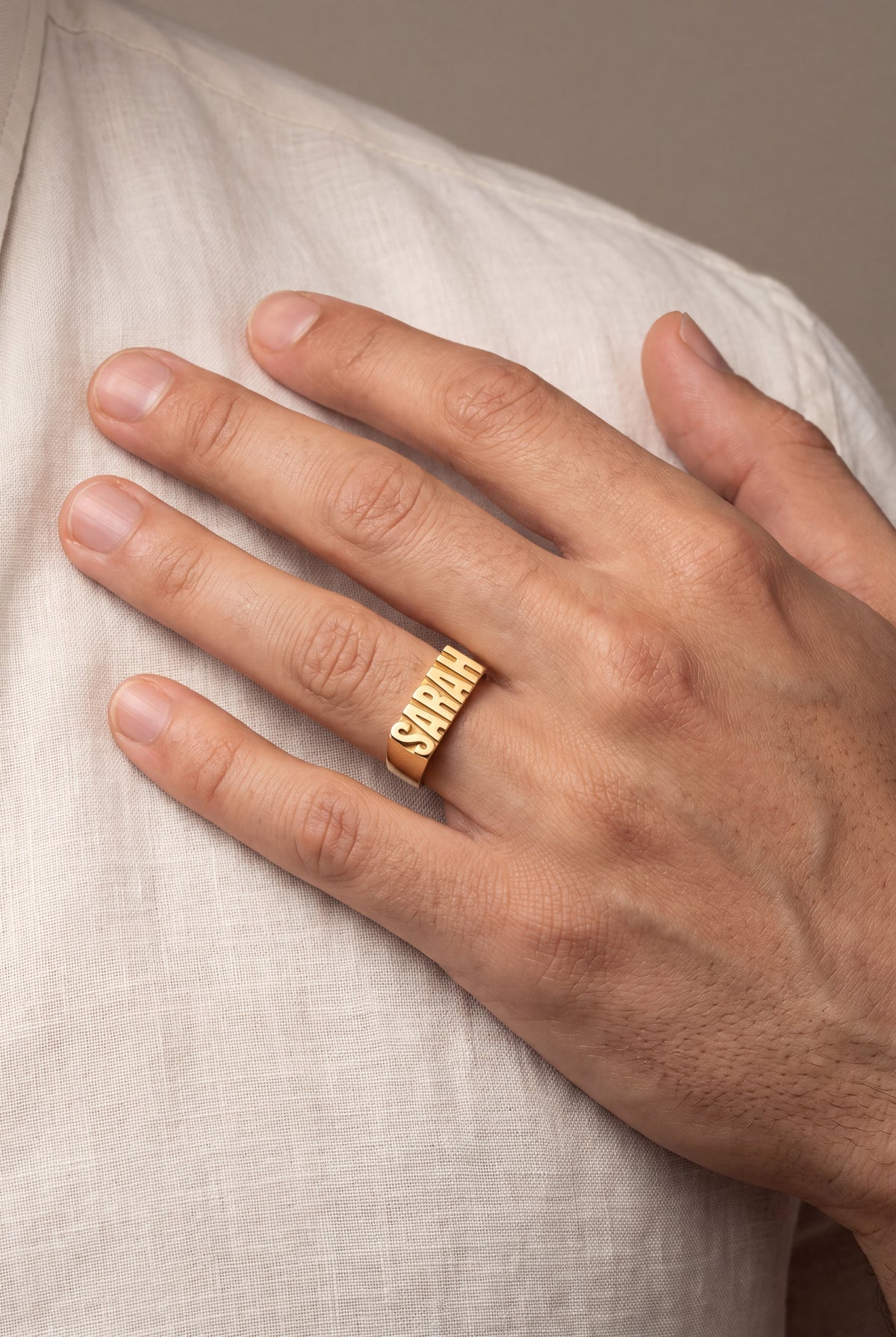 Men's Bold Block Letter Name Ring – on model