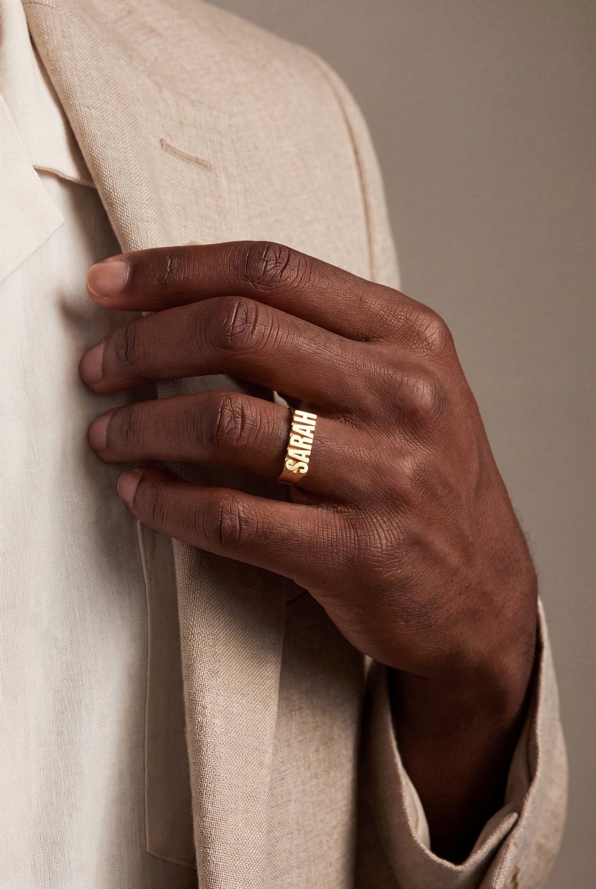 Men's Bold Block Letter Name Ring – on model, second view