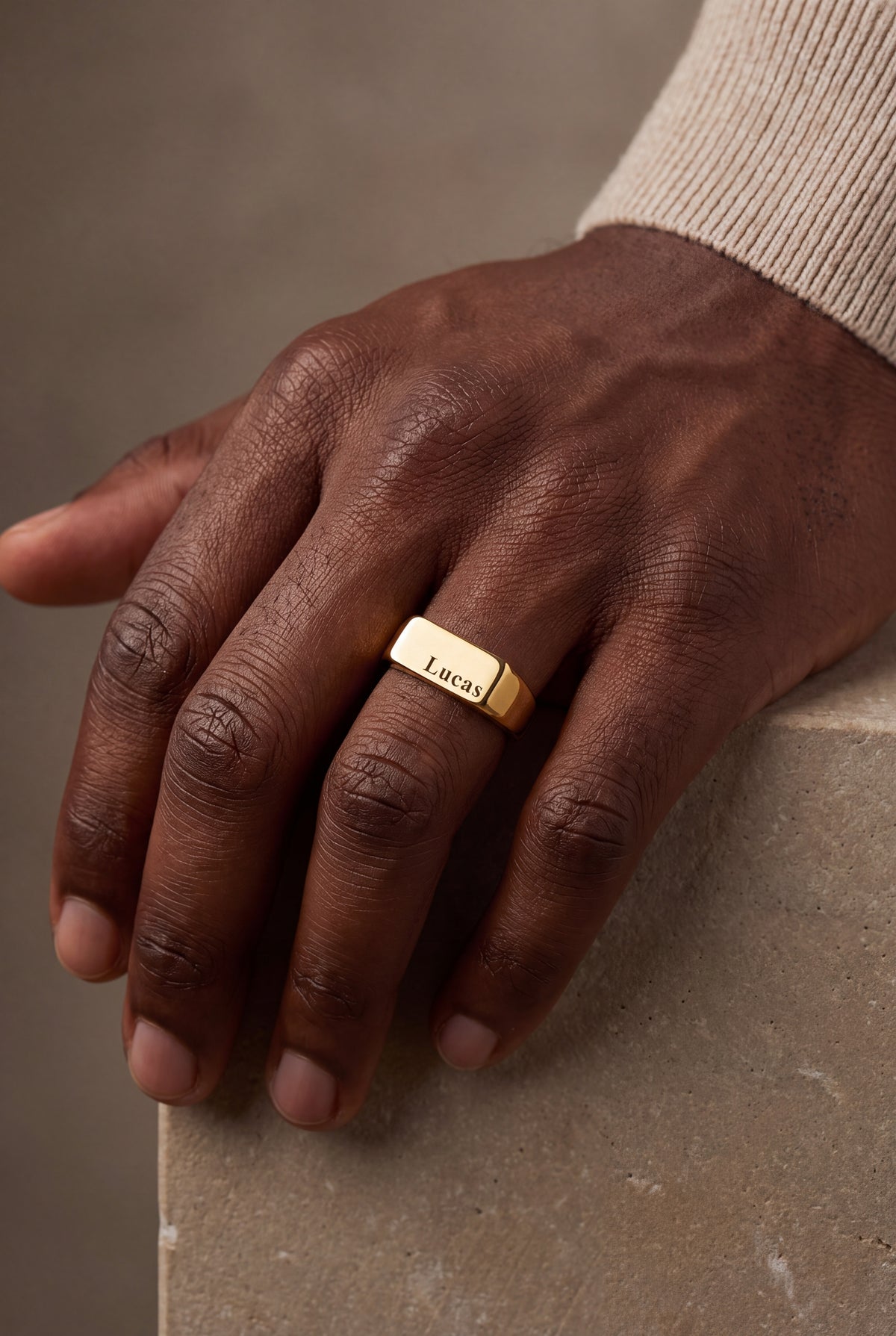 Men's Engraved Bar Signet Ring – on model