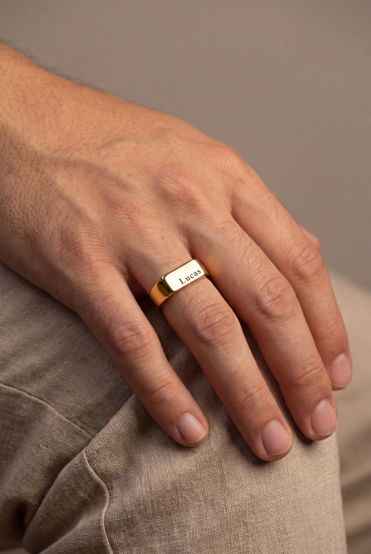 Men's Engraved Bar Signet Ring – on model, second view