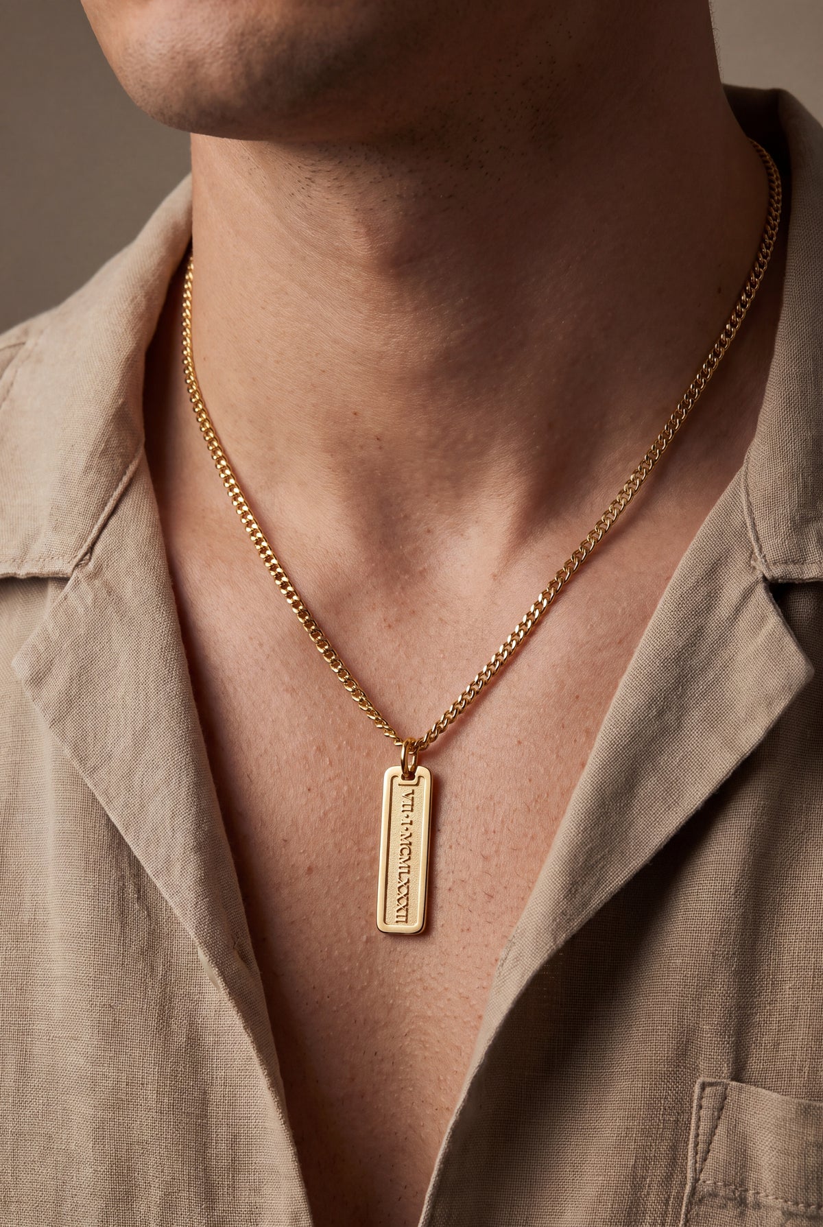 Men's Framed Roman Numeral Bar Necklace – on model, second view