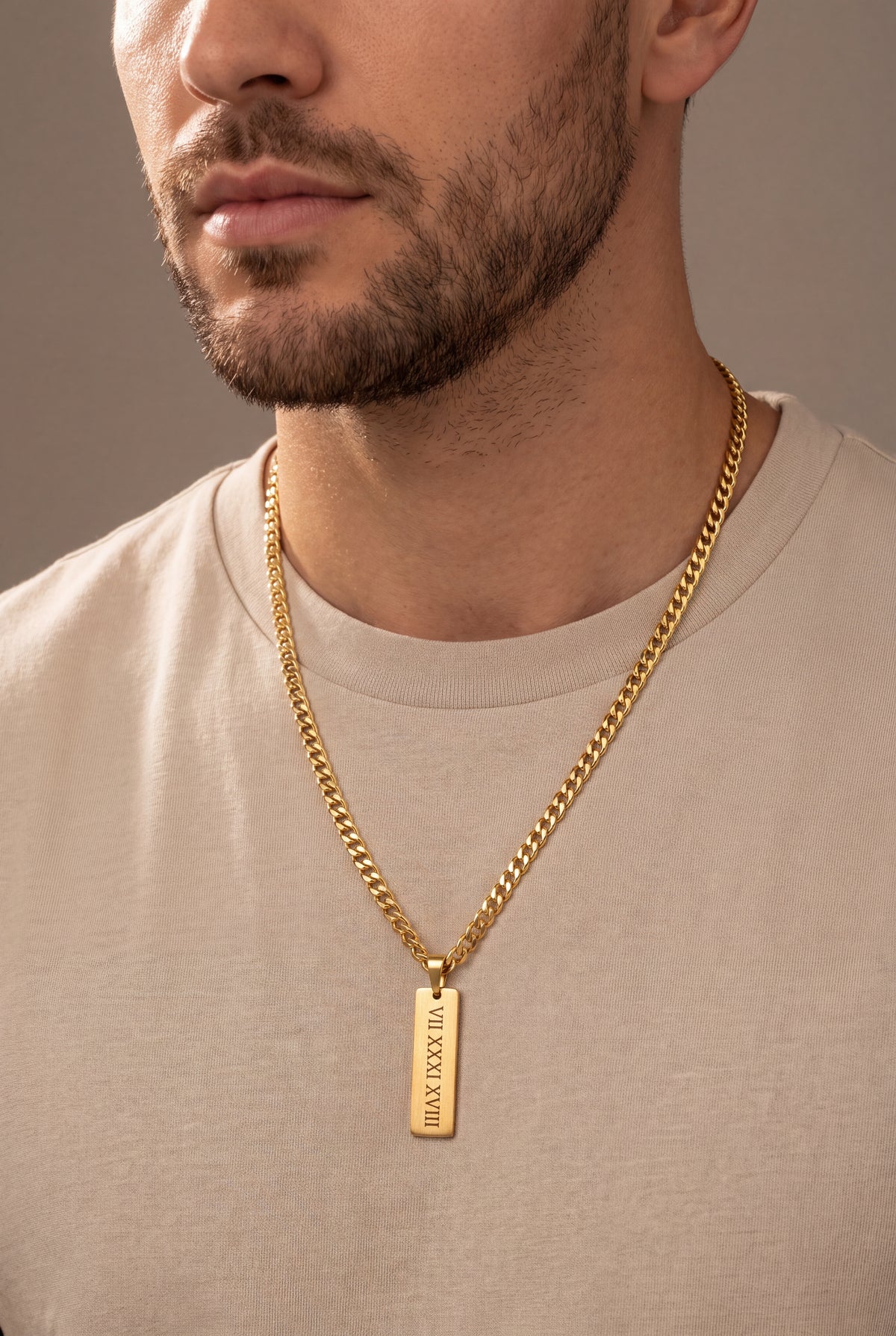 Men's Roman Numeral Date Bar Necklace – on model
