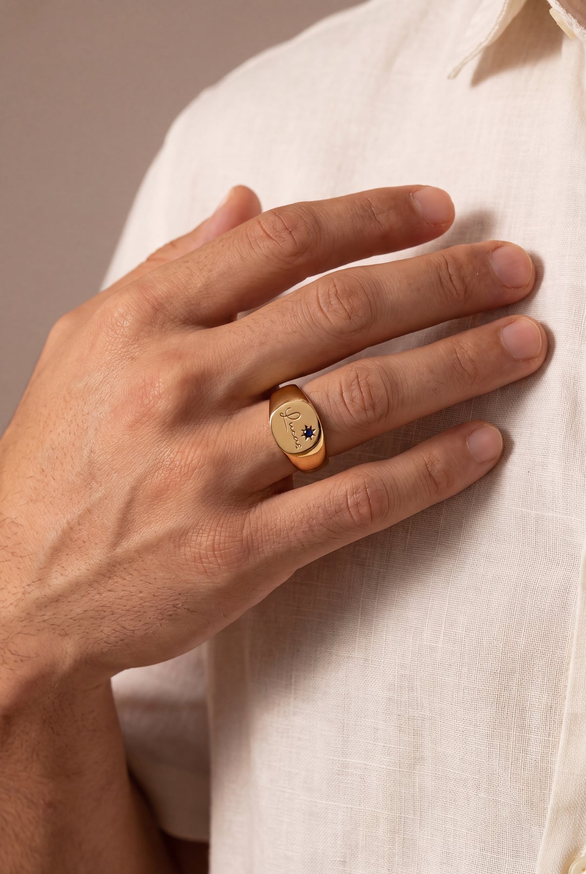 Men's Signet Ring with Name & Birthstone – on model