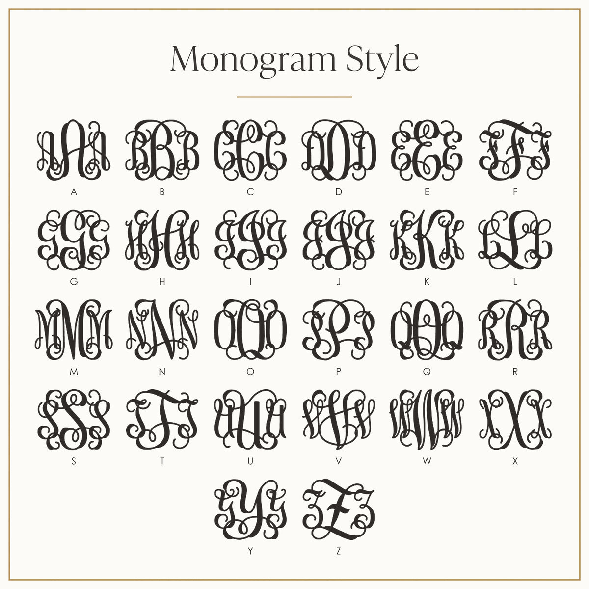Monogram style chart: three-letter vine monograms from A to Z