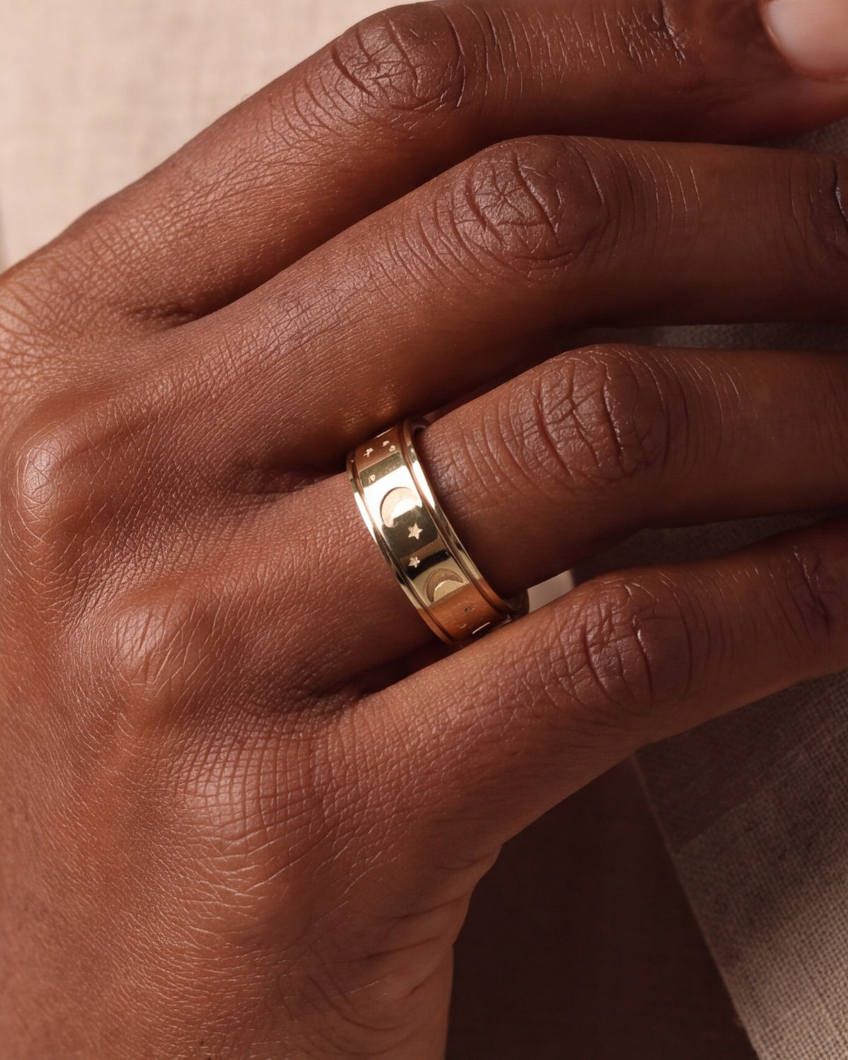 Moon & Star Engraved Wide Band Ring – close-up