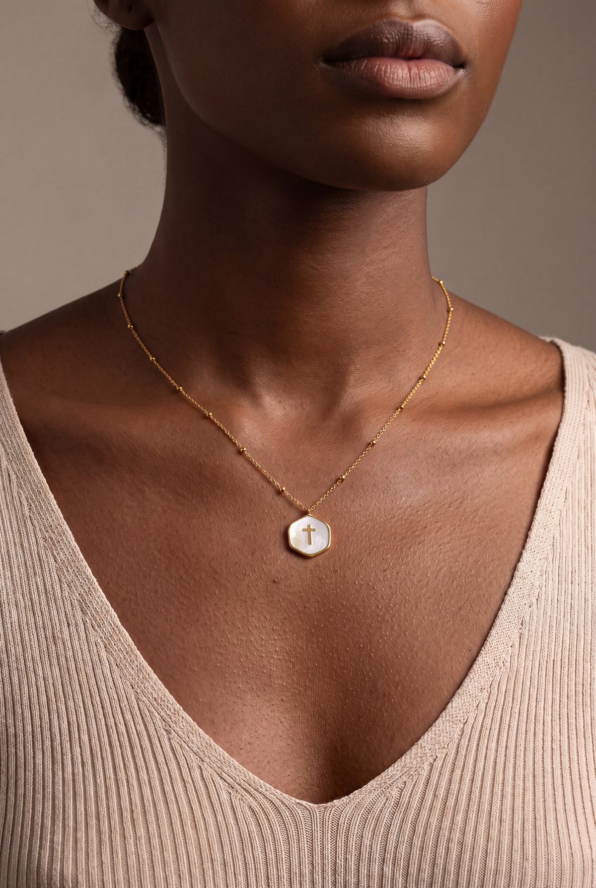 Mother-of-Pearl Cross Medallion Necklace – on model