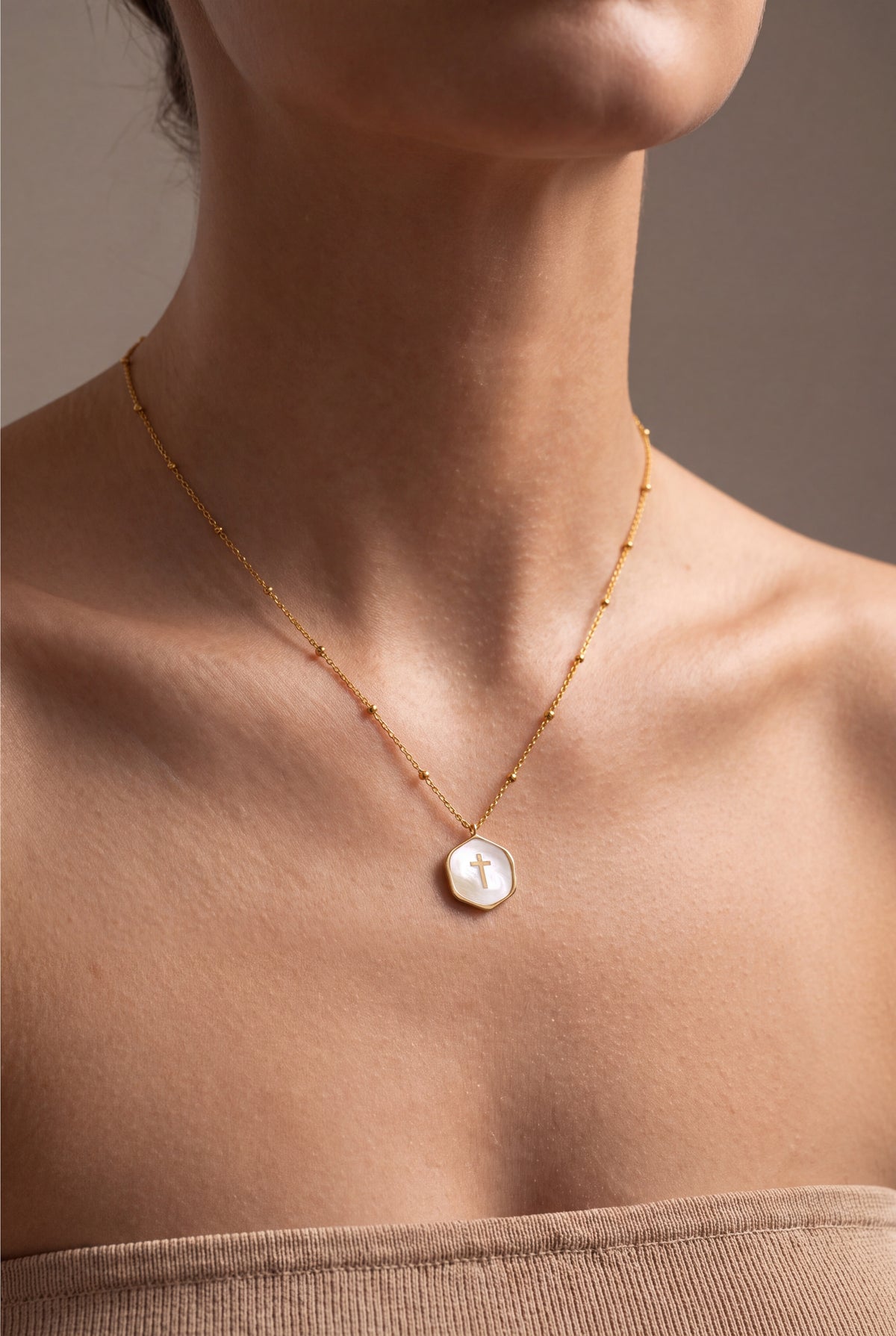 Mother-of-Pearl Cross Medallion Necklace – on model, second view