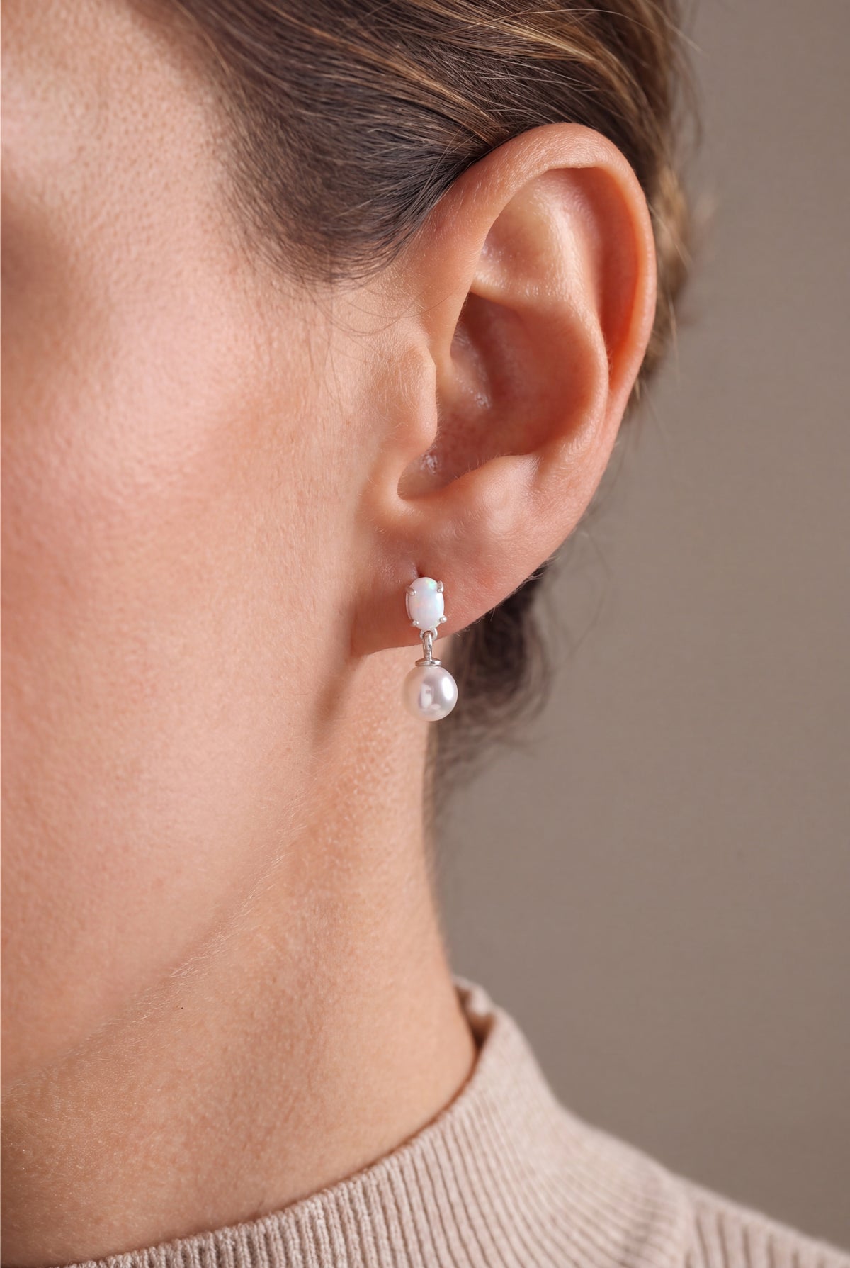 Opal & Pearl Drop Earrings – on model, second view