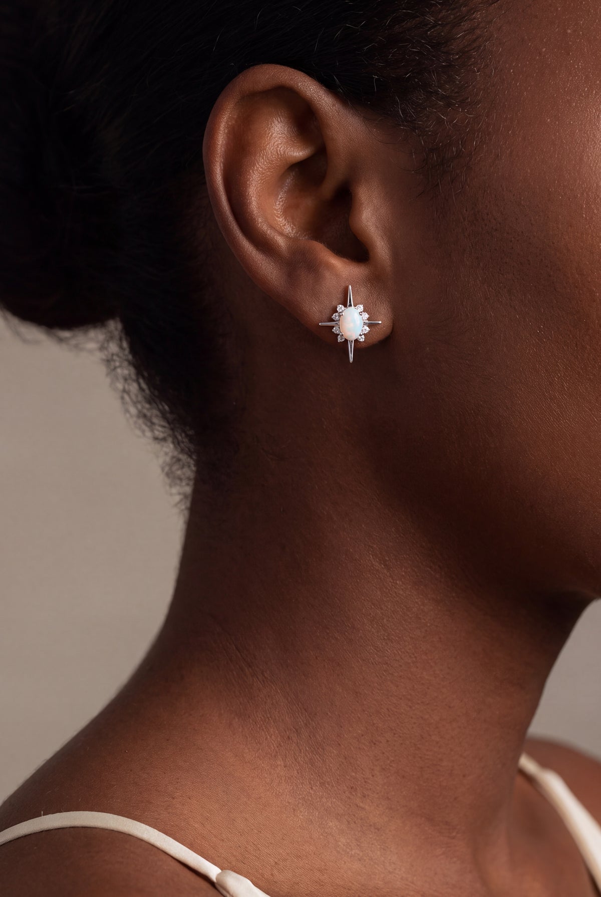 Opal Halo North Star Stud Earrings – on model, second view