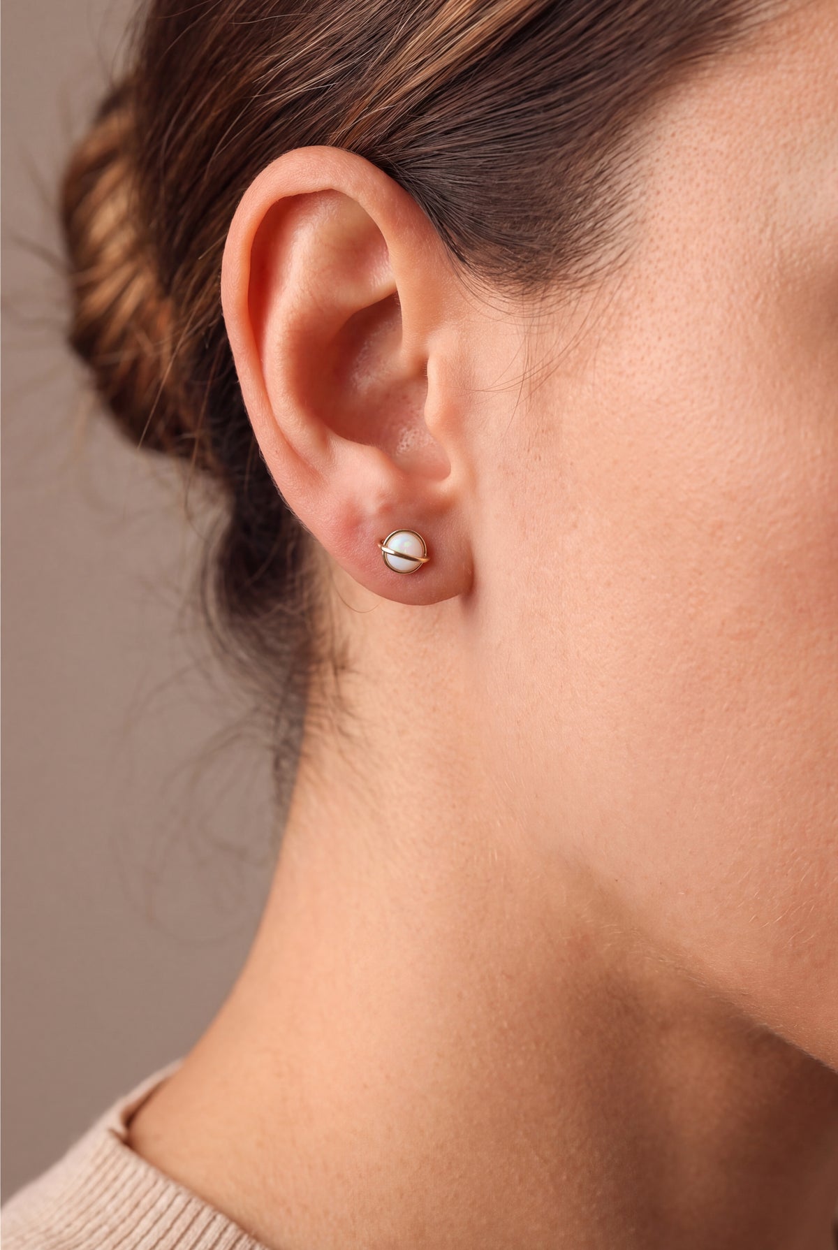 Opal Saturn Stud Earrings – on model, second view