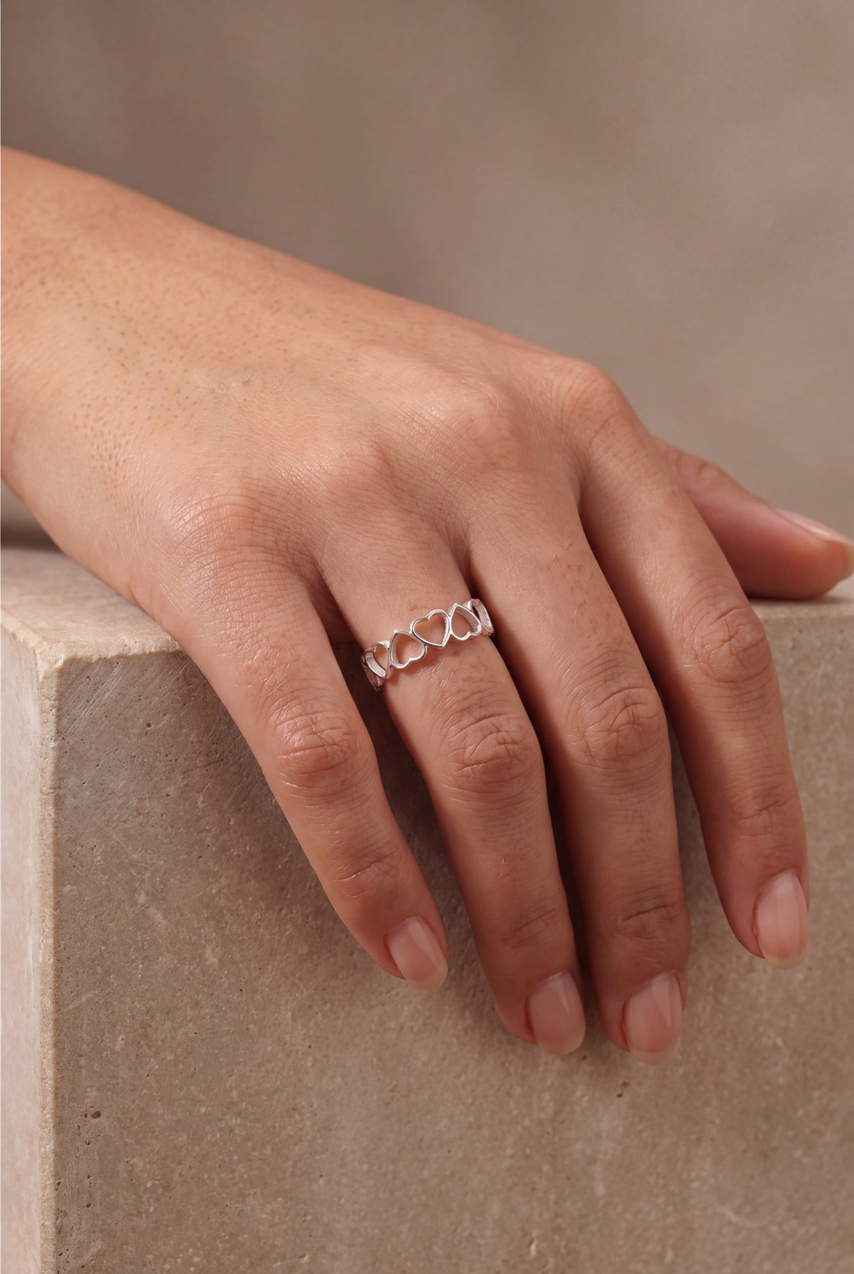Open Heart Band Ring – on model, second view