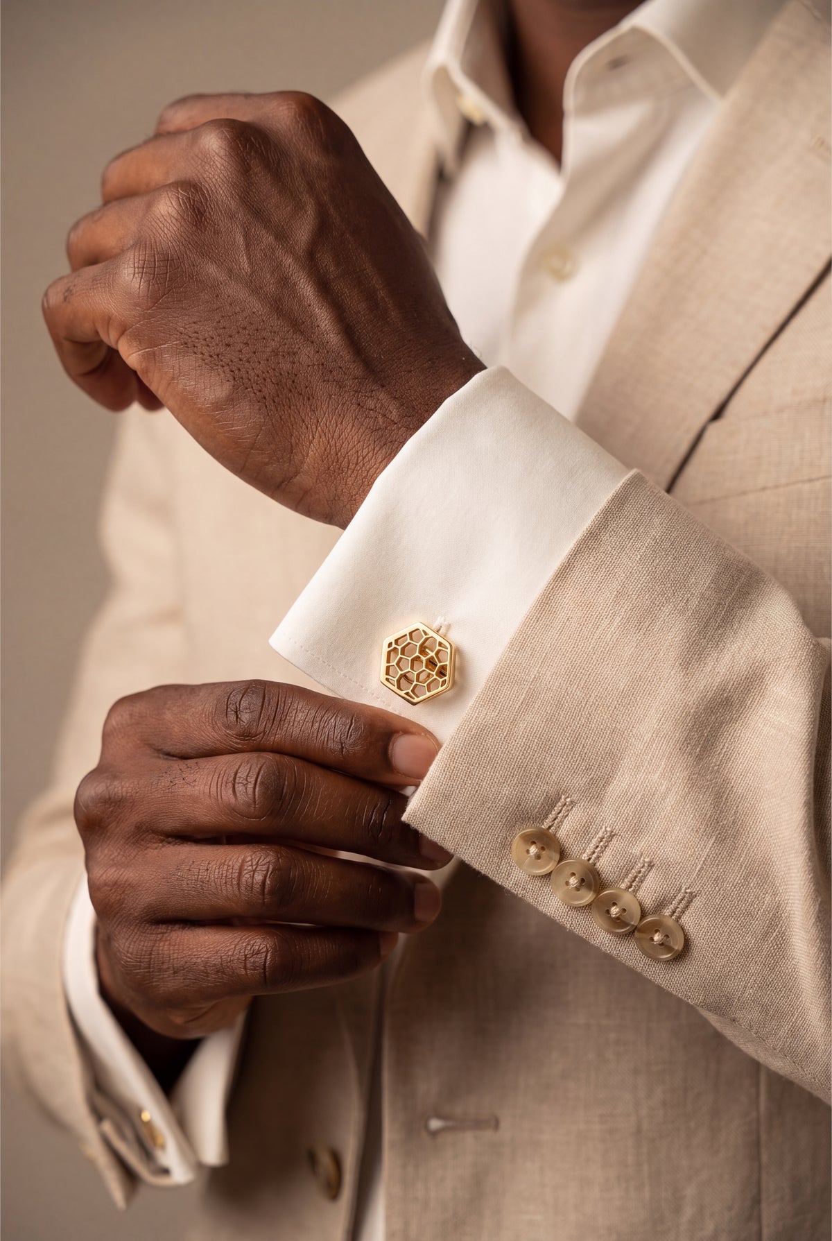 Openwork Honeycomb Hexagon Cufflinks – on model