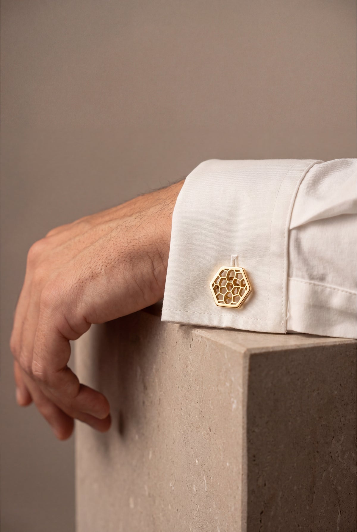 Openwork Honeycomb Hexagon Cufflinks – on model, second view