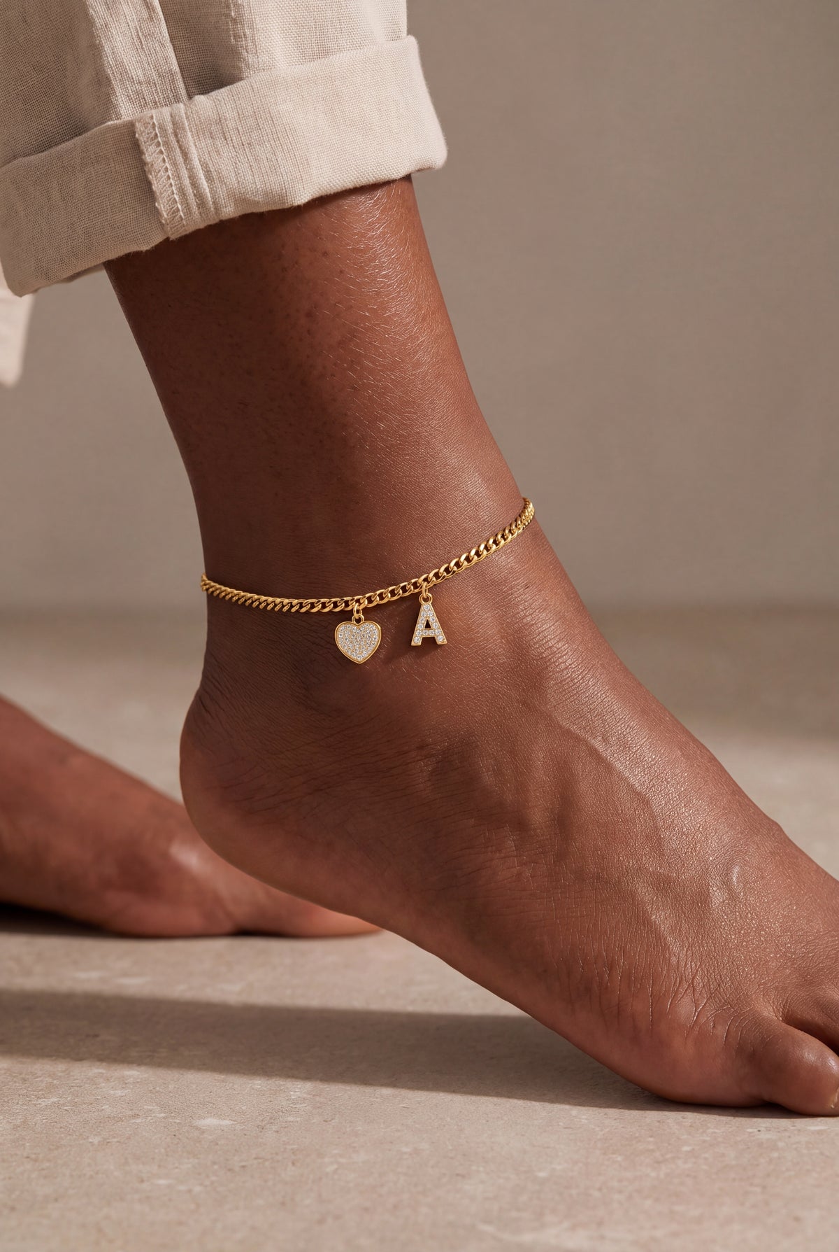 Pavé Initial & Heart Charm Anklet – on model