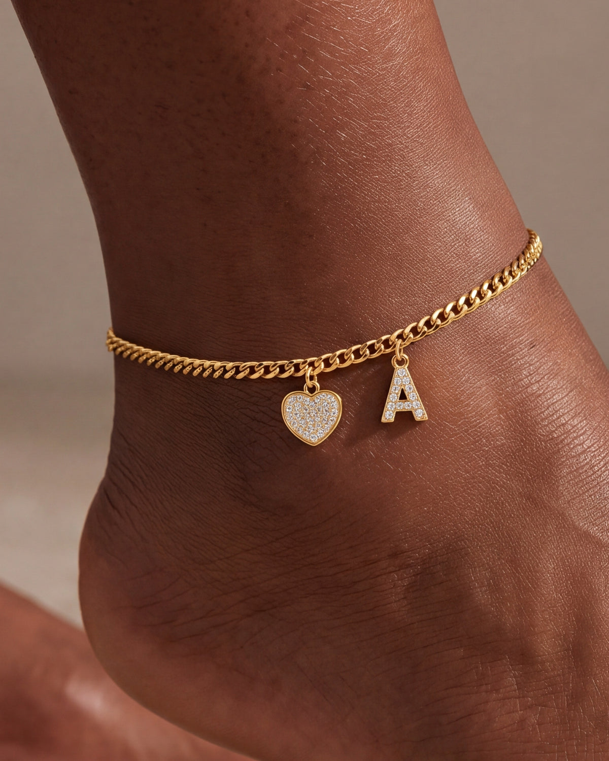 Pavé Initial & Heart Charm Anklet – close-up