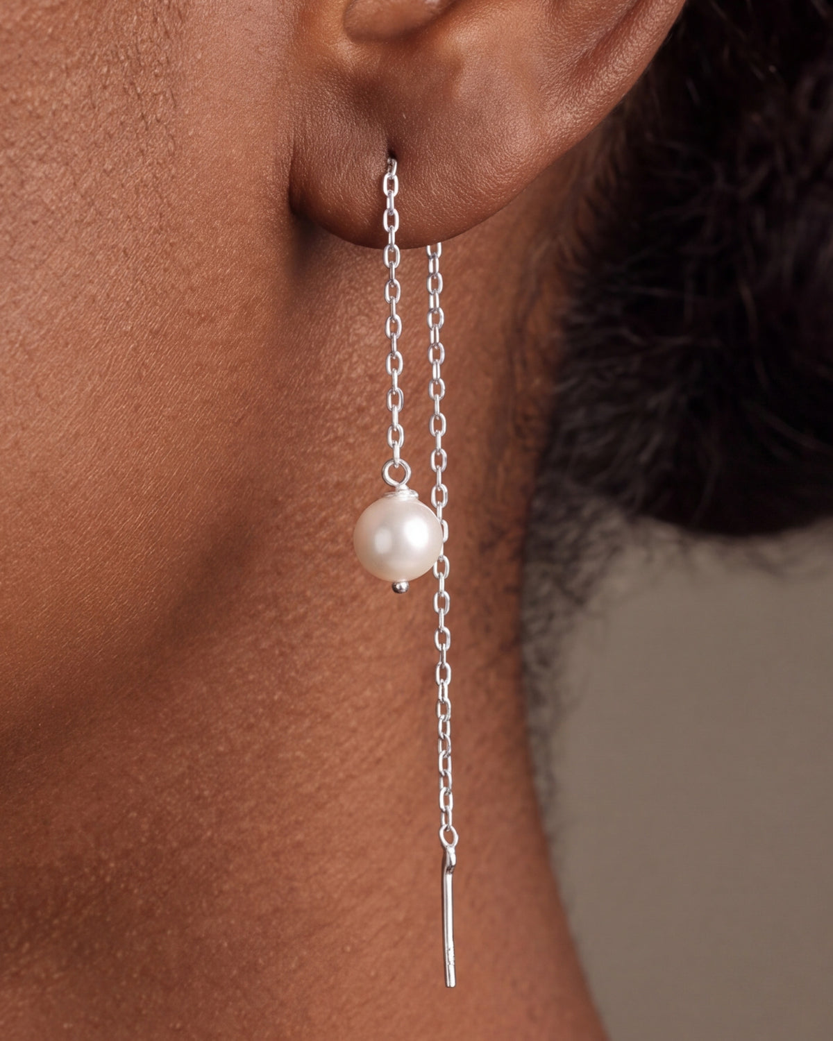 Pearl Threader Chain Earrings – close-up