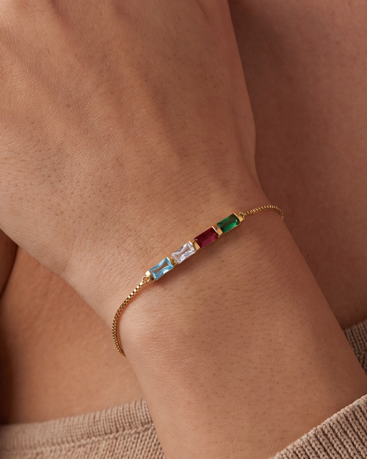 Personalized Baguette Birthstone Bracelet – close-up