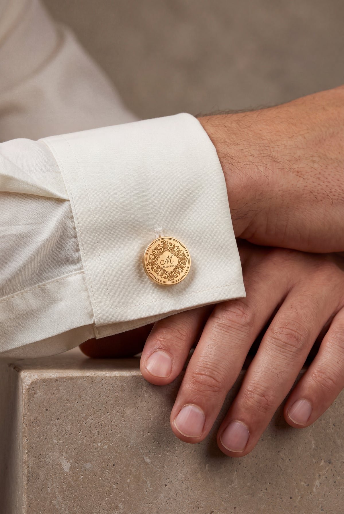 Personalized Baroque Frame Initial & Name Cufflinks – on model, second view