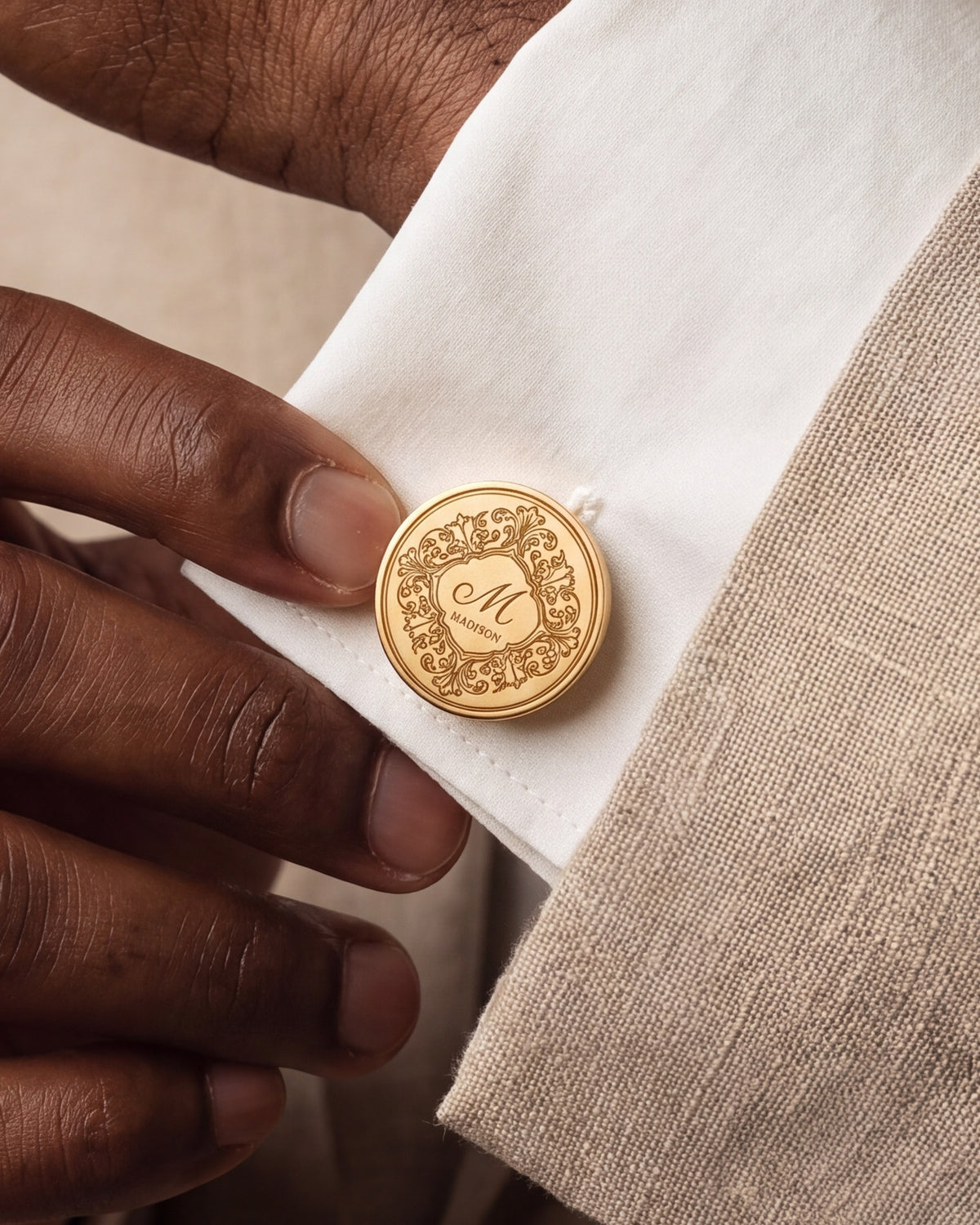 Personalized Baroque Frame Initial & Name Cufflinks – close-up