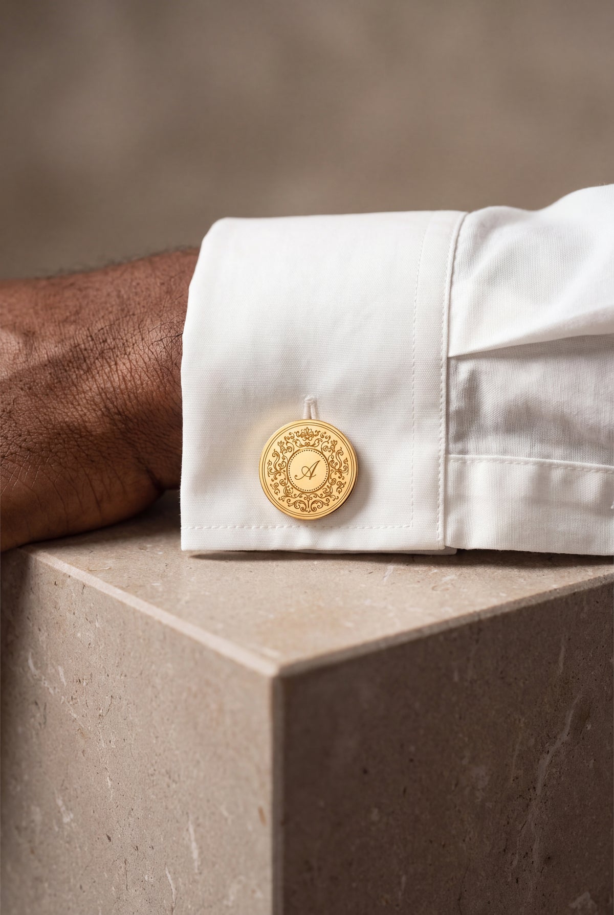 Personalized Baroque Script Initial Cufflinks – on model, second view