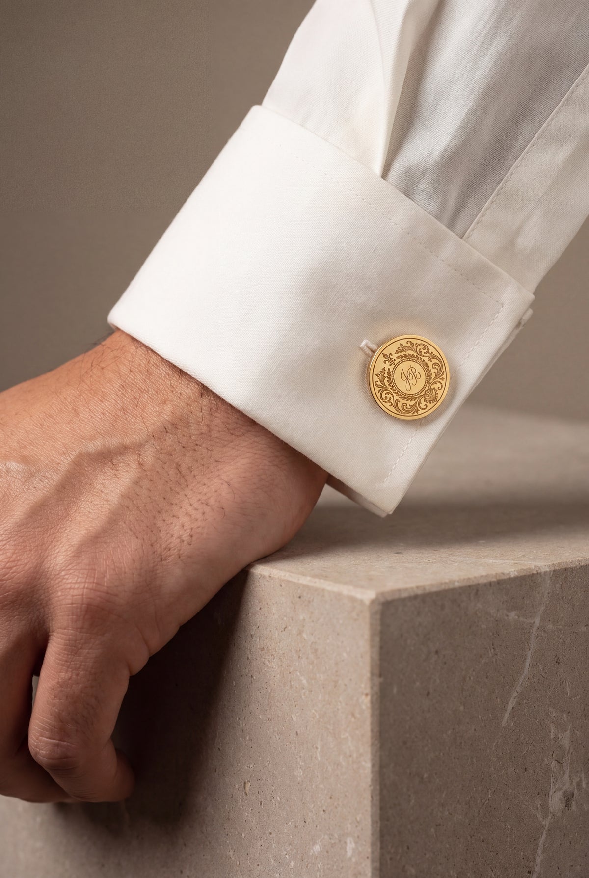Personalized Baroque Wreath Monogram Pair Cufflinks – on model, second view