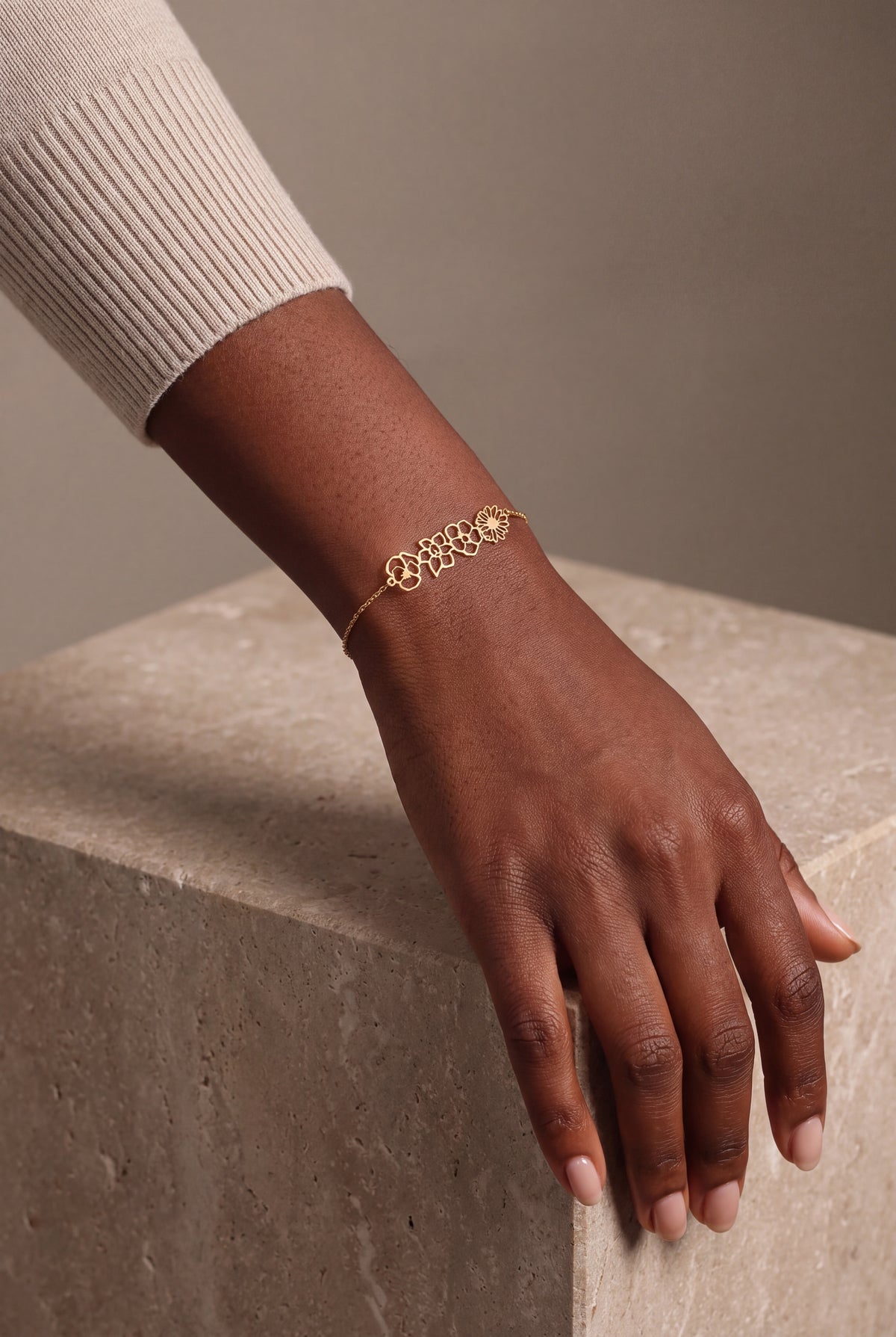 Personalized Birth Flower Bracelet – on model, second view