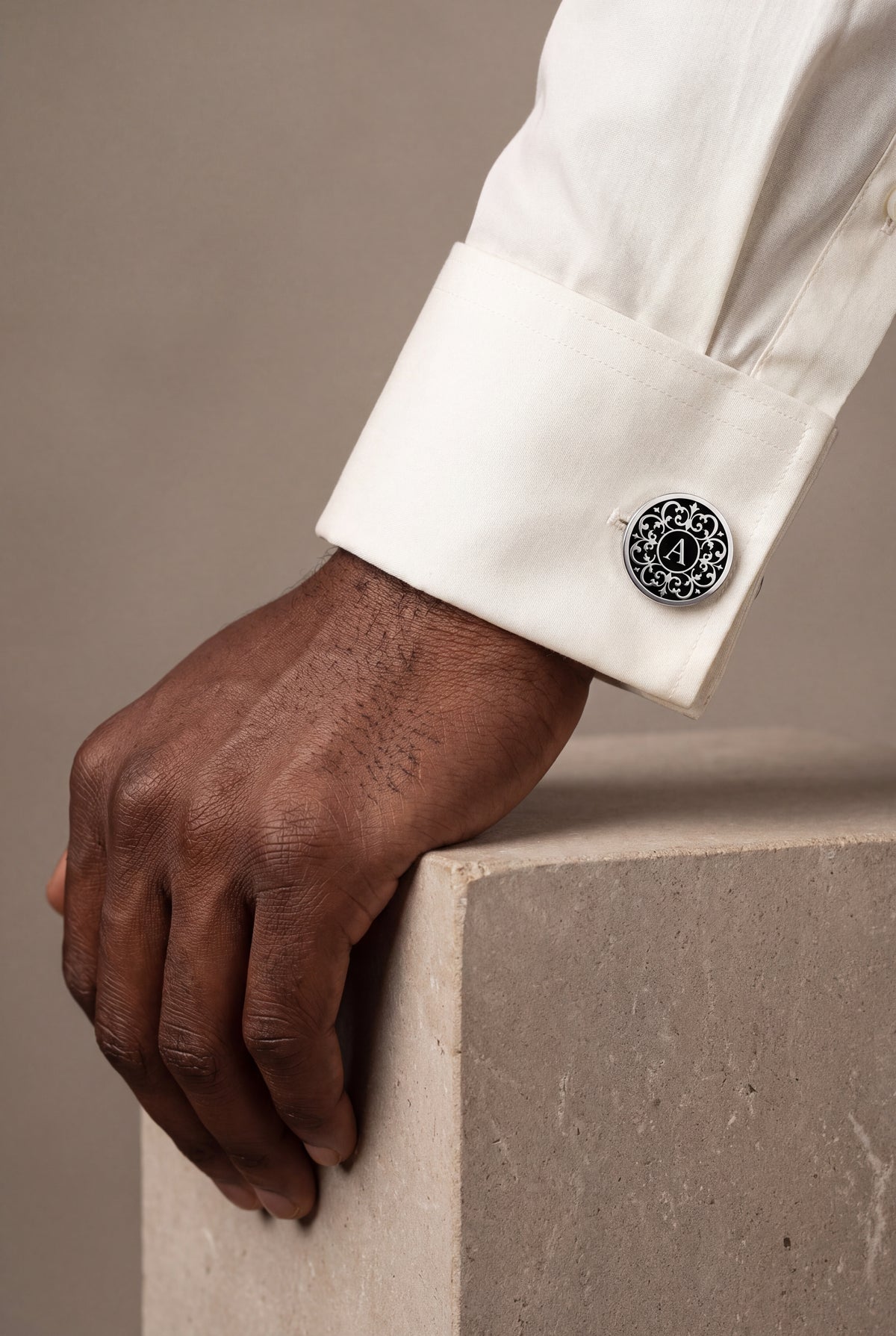 Personalized Black Enamel Filigree Initial Cufflinks – on model, second view