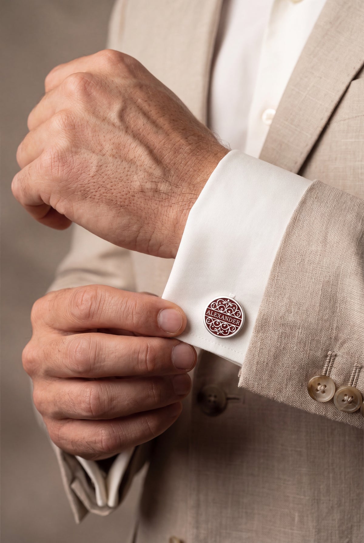 Personalized Burgundy Enamel Name Cufflinks – on model