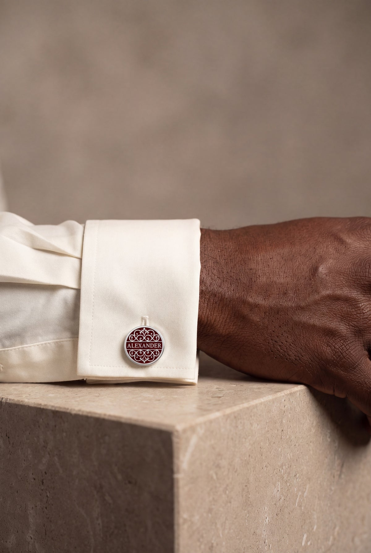 Personalized Burgundy Enamel Name Cufflinks – on model, second view