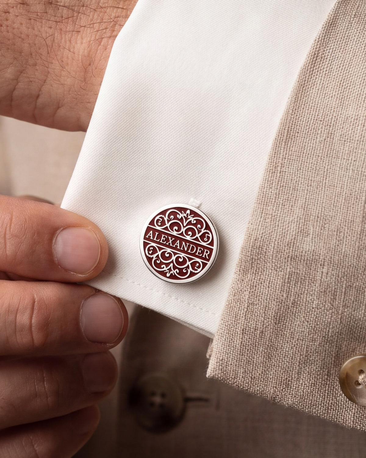 Personalized Burgundy Enamel Name Cufflinks – close-up