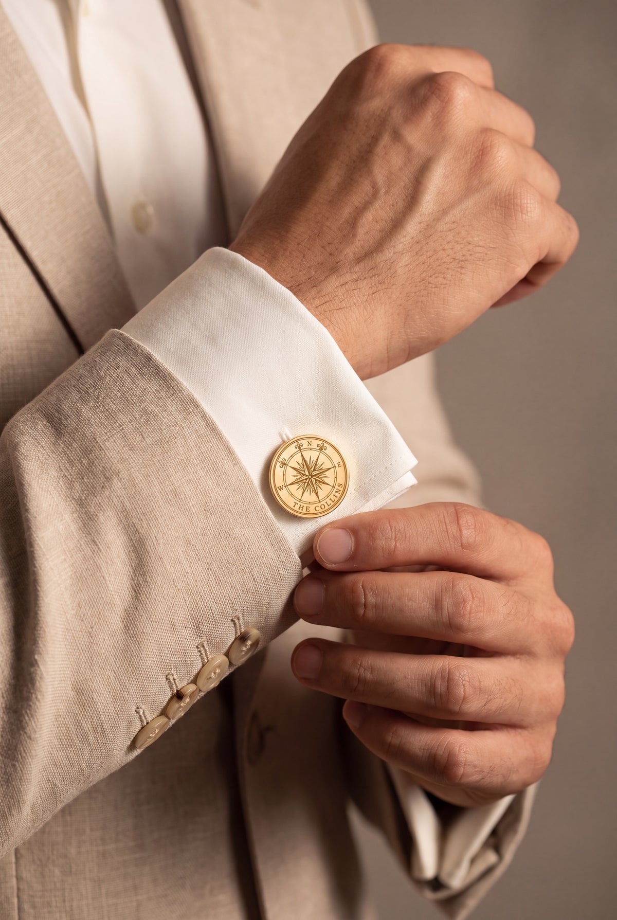 Personalized Compass Rose Family Name Cufflinks – on model