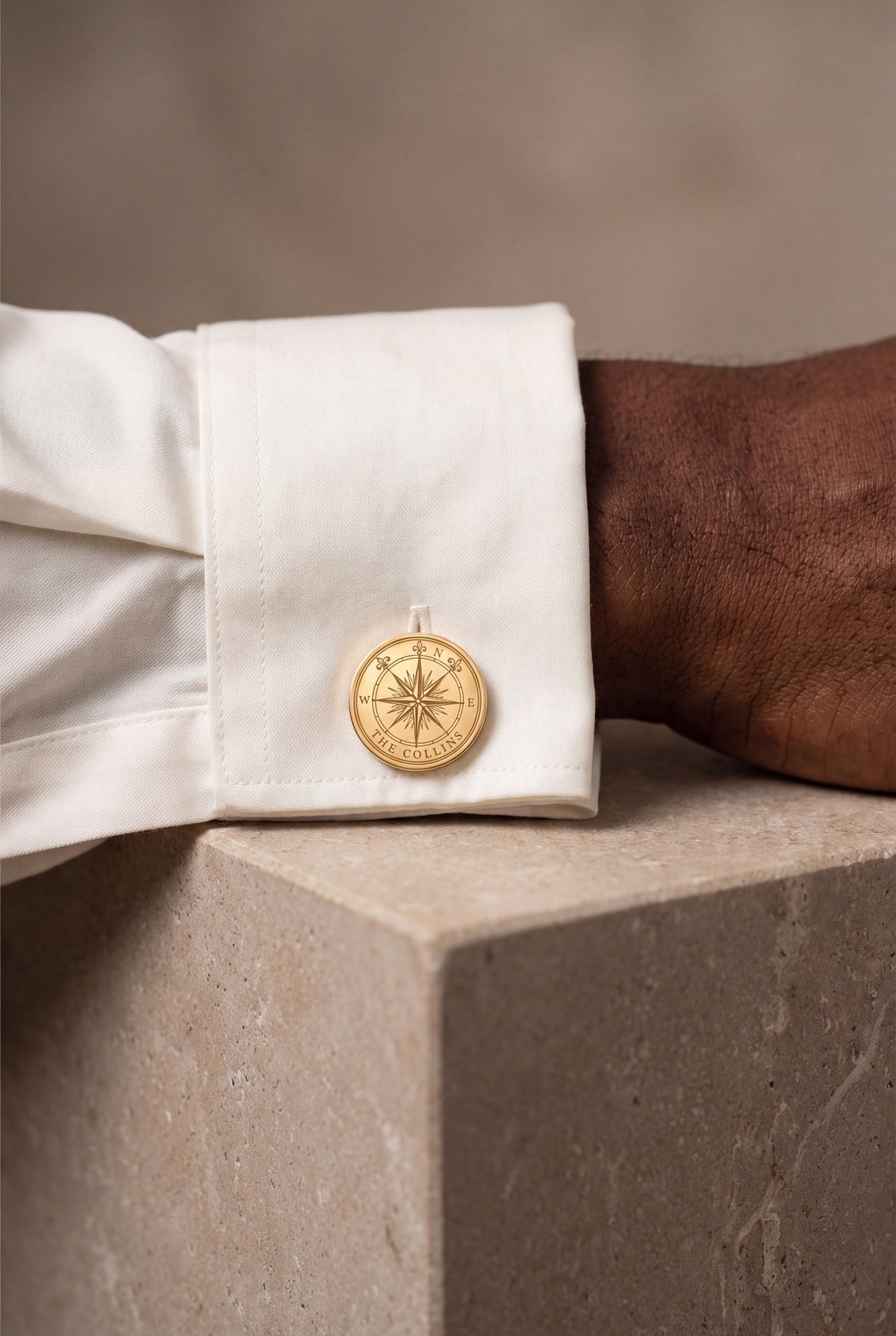 Personalized Compass Rose Family Name Cufflinks – on model, second view
