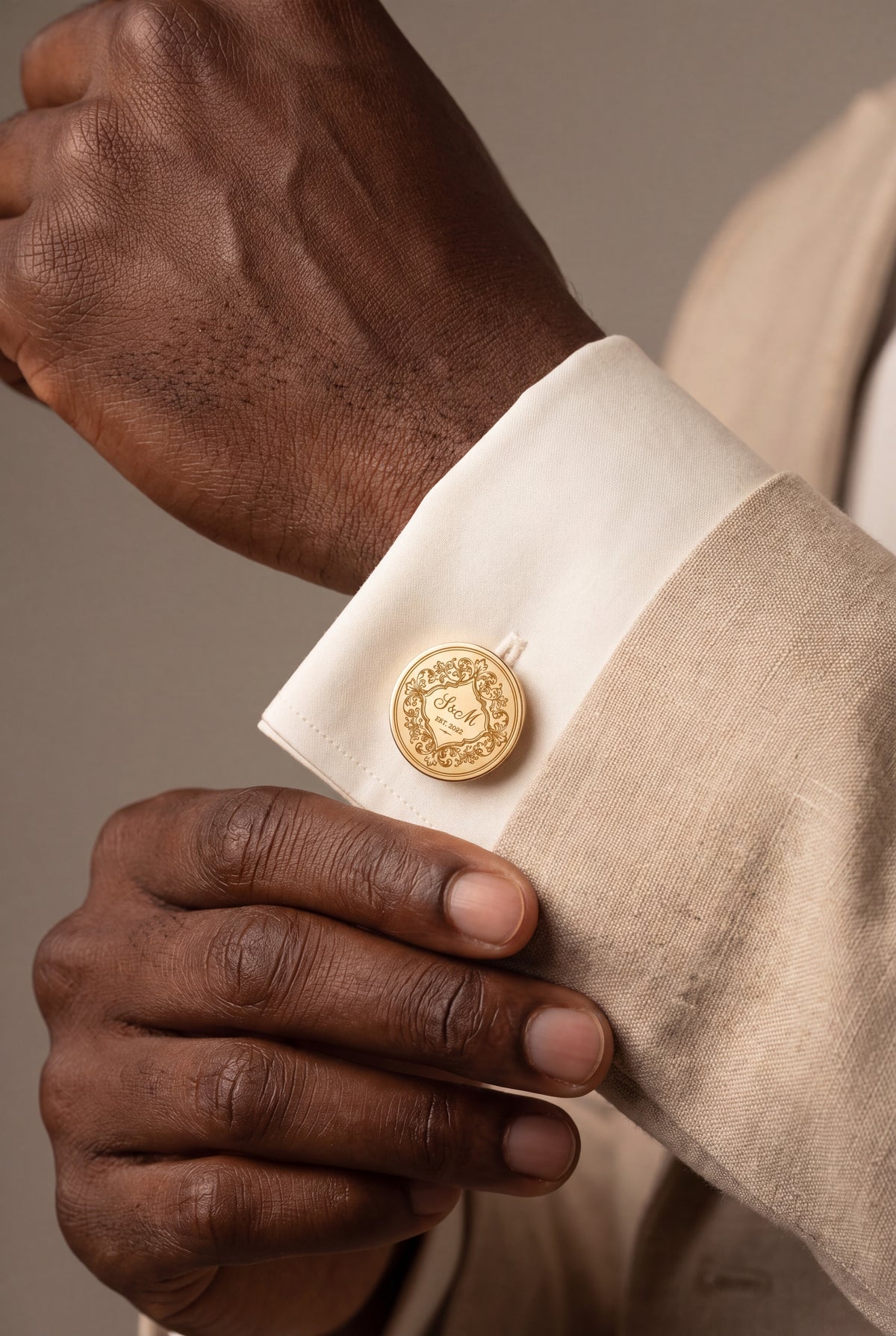 Personalized Couple Monogram & Year Diamond Frame Cufflinks – on model