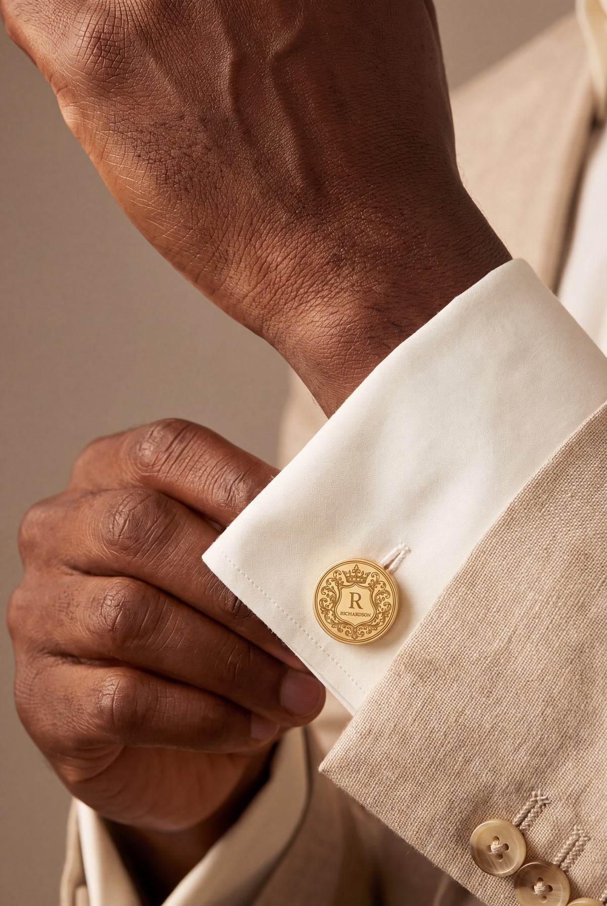 Personalized Crowned Shield Initial & Surname Cufflinks – on model