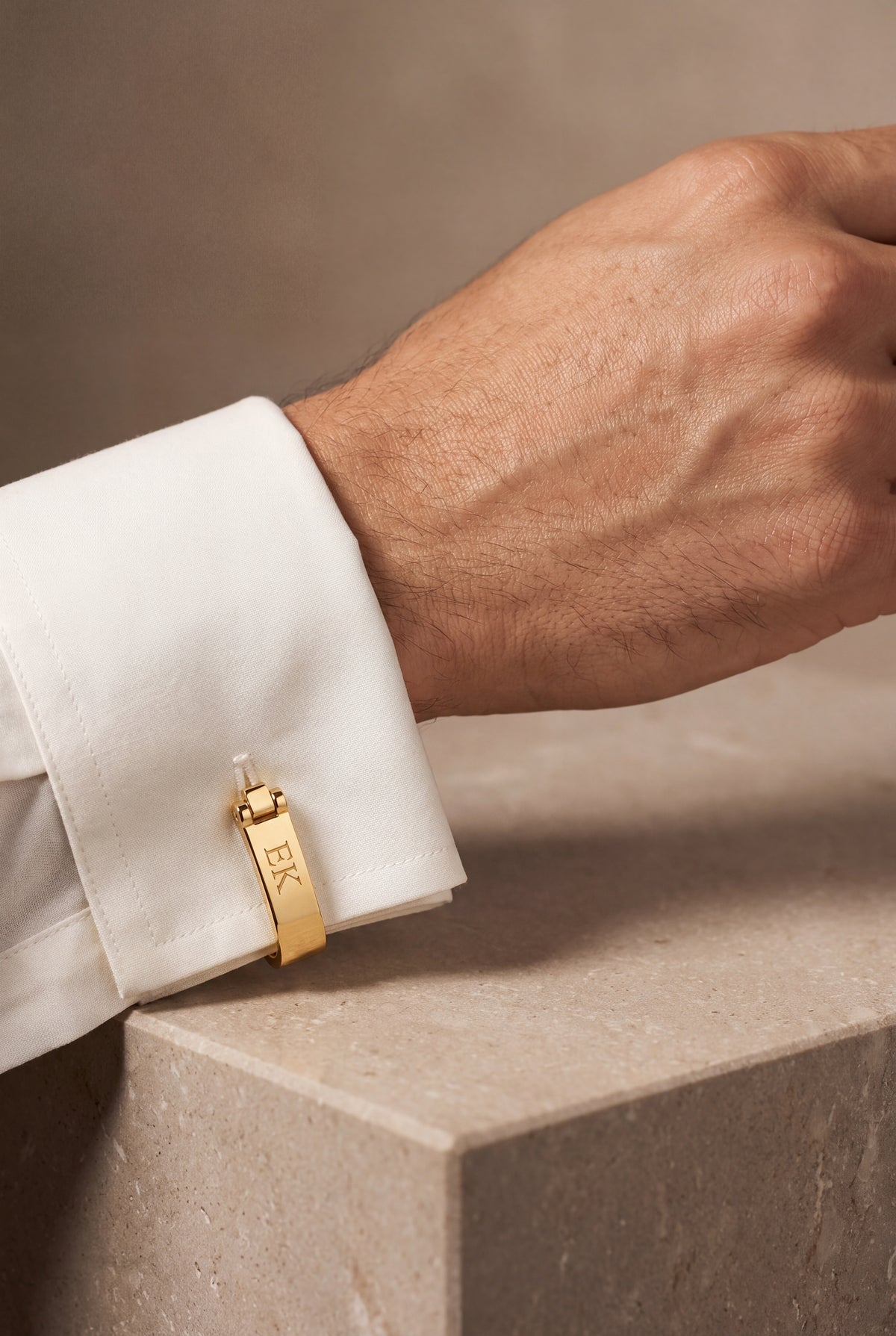 Personalized Engraved Bar Wrap-Around Cufflinks – on model, second view