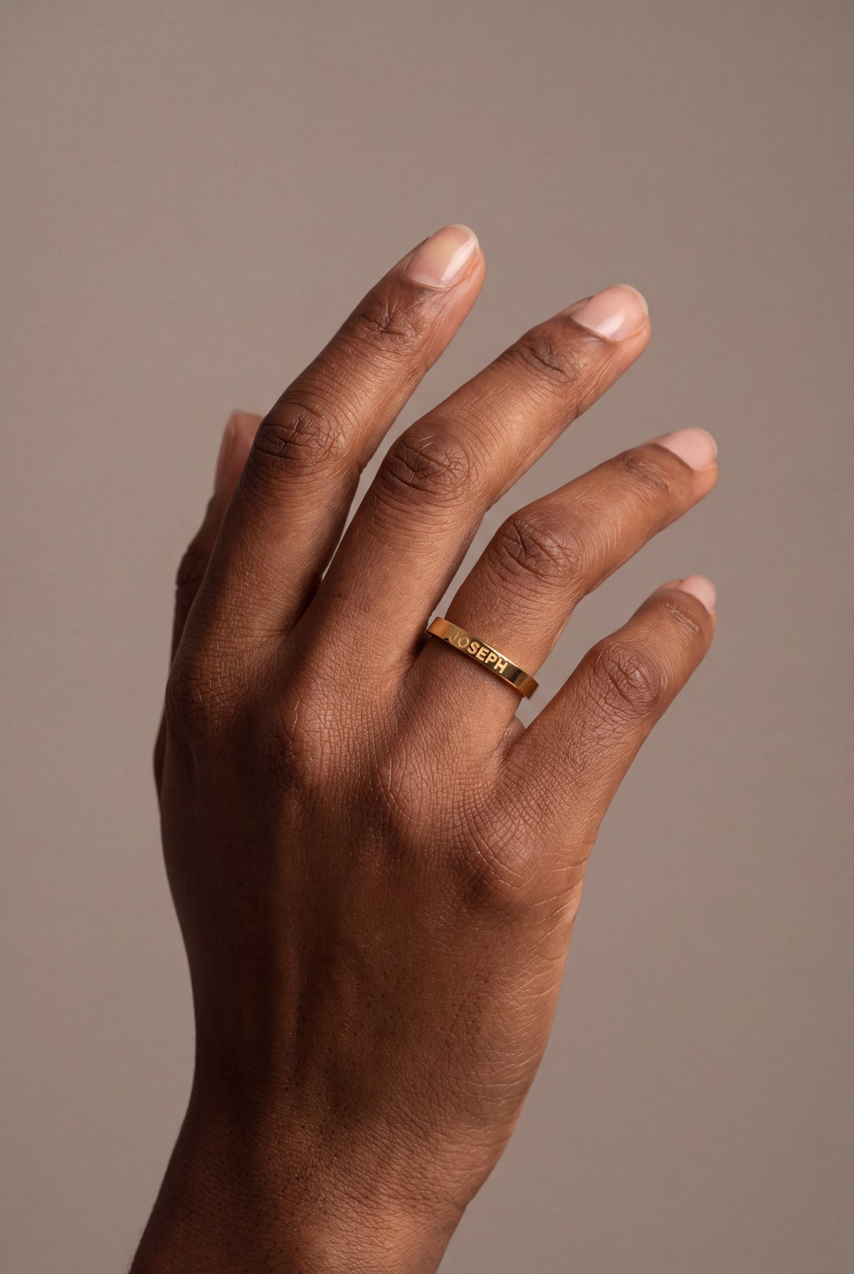 Personalized Engraved Name Band Ring – on model, second view