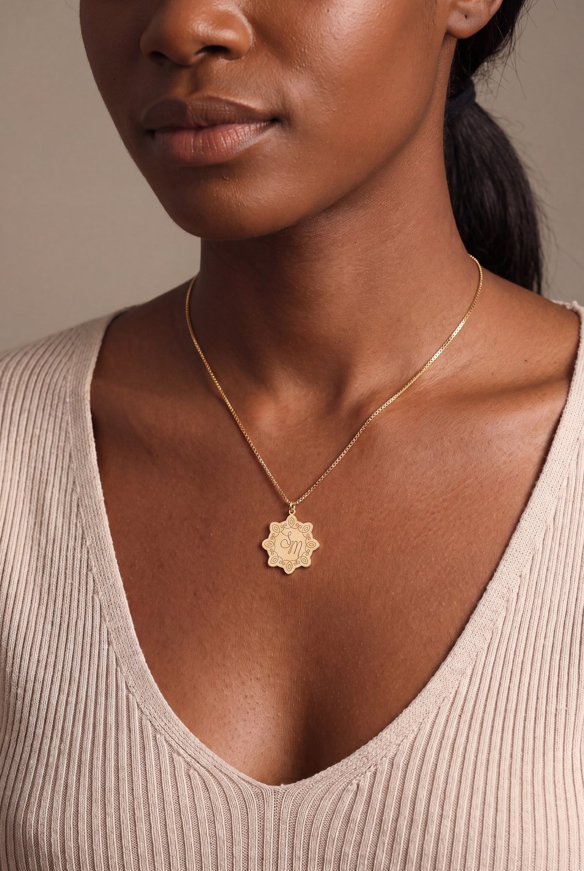 Personalized Engraved Scalloped Medallion Necklace – on model