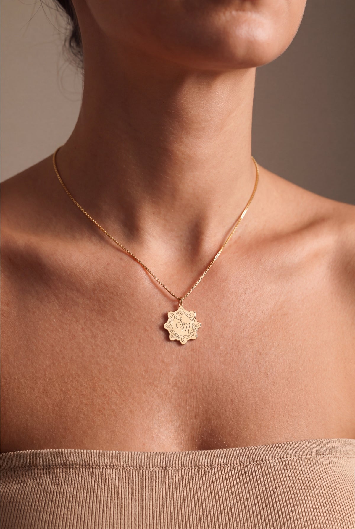 Personalized Engraved Scalloped Medallion Necklace – on model, second view
