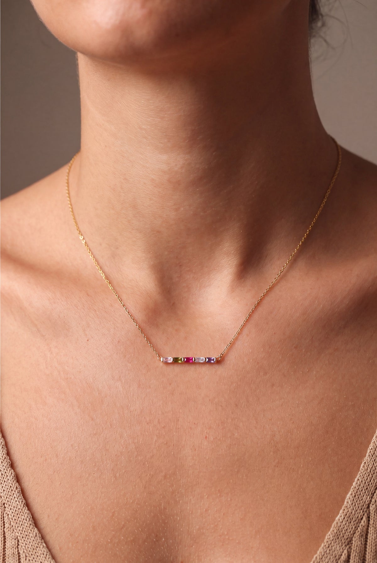 Personalized Five Baguette Birthstone Bar Necklace – on model, second view