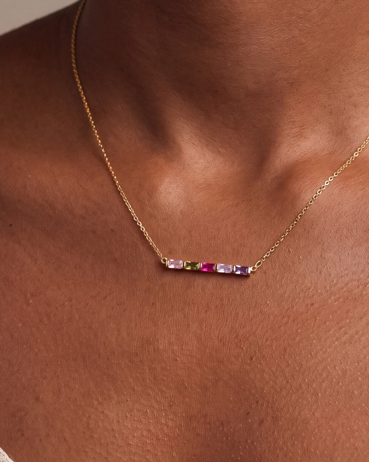 Personalized Five Baguette Birthstone Bar Necklace – close-up