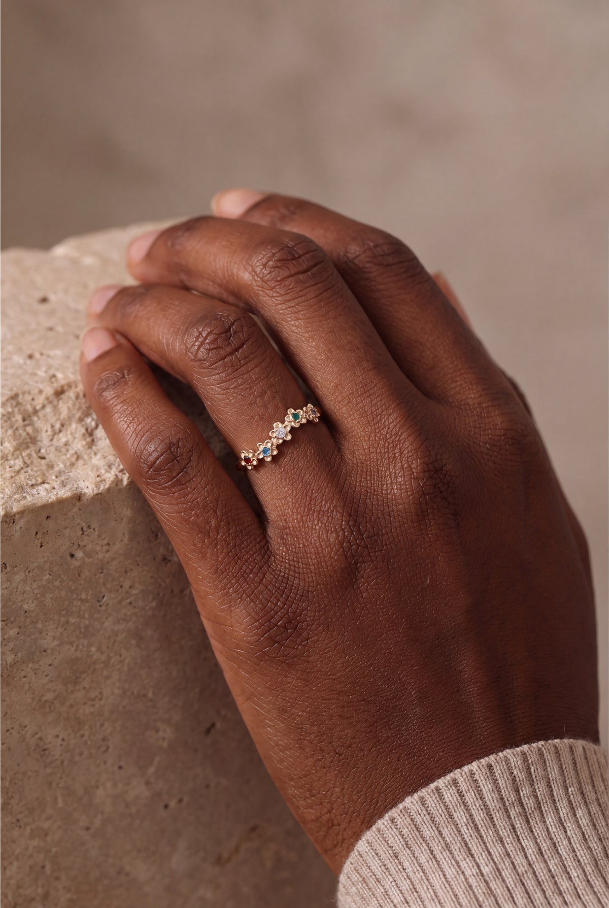 Personalized Five Flower Birthstone Ring – on model