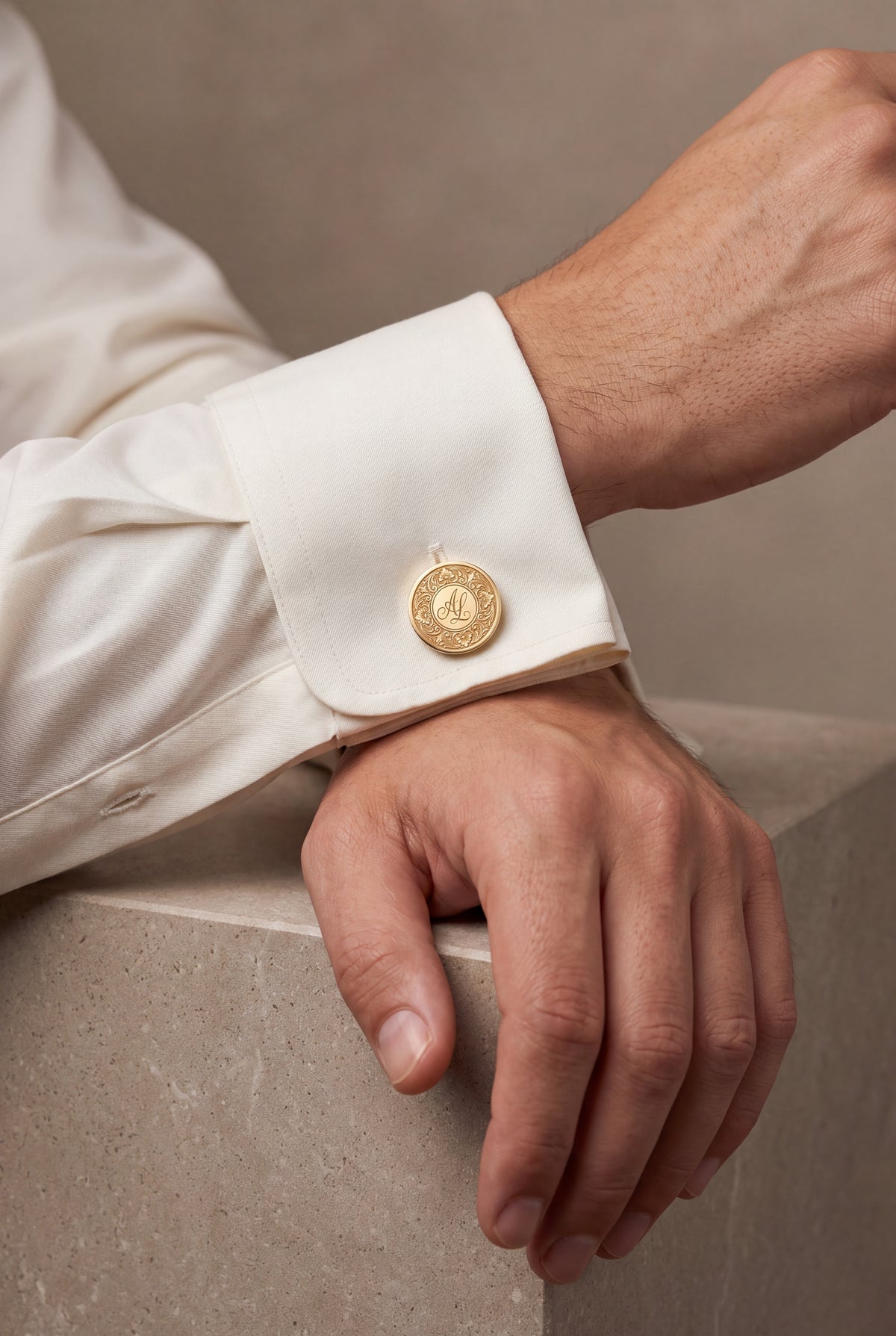 Personalized Floral Monogram Pair Cufflinks – on model, second view