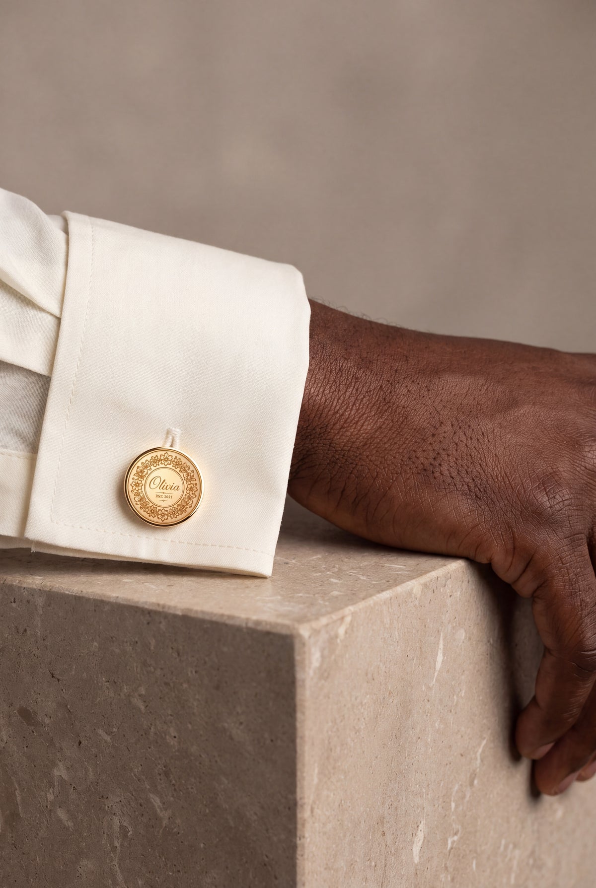 Personalized Floral Wreath Name & Year Cufflinks – on model, second view