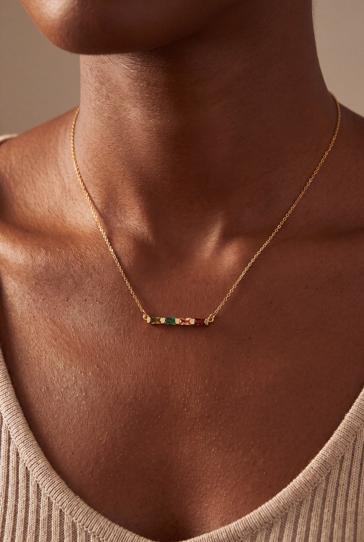Personalized Four Baguette Birthstone Bar Necklace – on model, second view