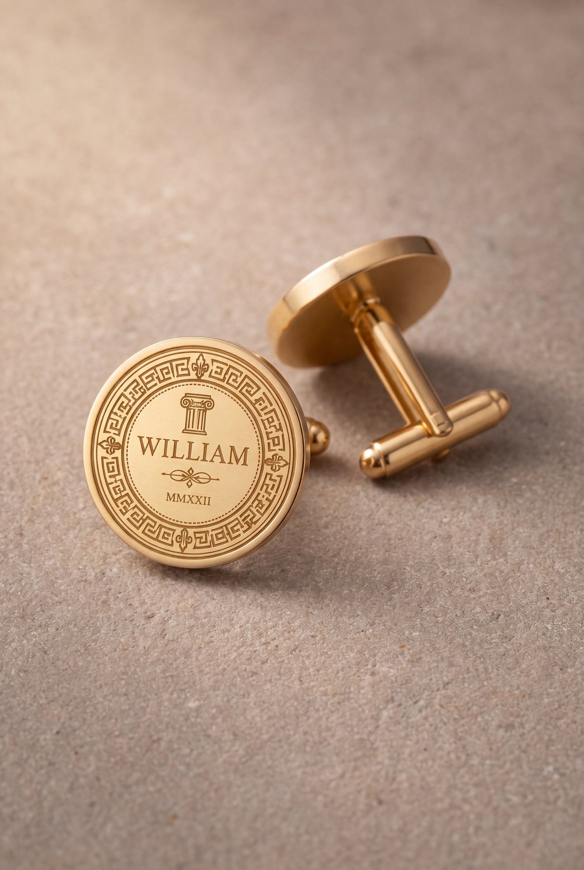 Personalized Greek Key Name & Roman Numeral Year Cufflinks – product detail