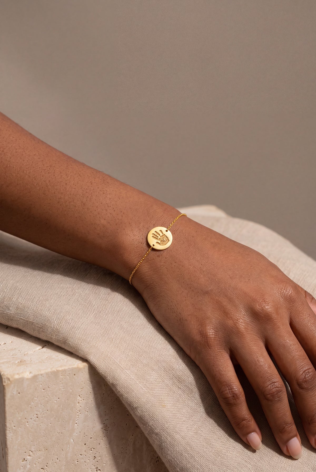 Personalized Handprint Disc Bracelet – on model, second view