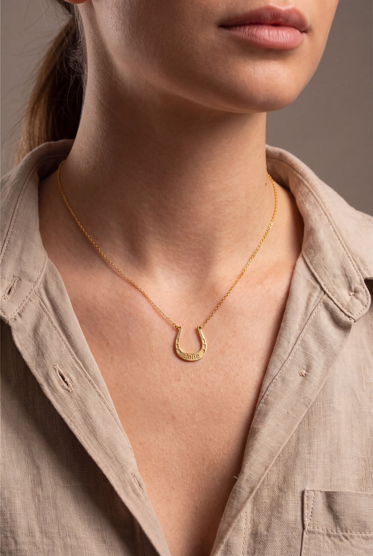 Personalized Horseshoe Name Necklace – on model