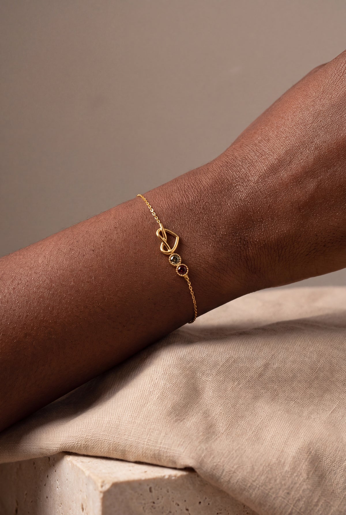 Personalized Infinity Heart Birthstone Bracelet – on model, second view